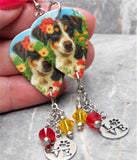 Dog In The Flowers Guitar Pick Earrings with Stainless Steel Love Charms and Swarovski Crystal Dangles