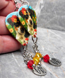 Dog In The Flowers Guitar Pick Earrings with Stainless Steel Love Charms and Swarovski Crystal Dangles