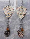 Dog Themed Guitar Pick Earrings with Stainless Steel Paw Print Charms and Swarovski Crystal Dangles