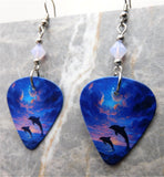 Jumping Dolphins at Sunset Guitar Pick Earrings with Violet Opal Swarovski Crystals