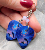 Jumping Dolphins at Sunset Guitar Pick Earrings with Violet Opal Swarovski Crystals