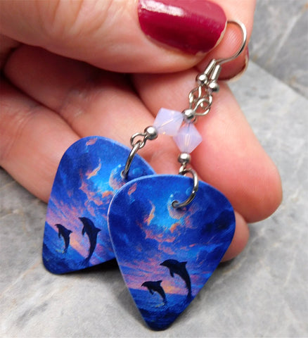 Jumping Dolphins at Sunset Guitar Pick Earrings with Violet Opal Swarovski Crystals