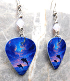 Jumping Dolphins at Sunset Guitar Pick Earrings with Violet Opal Swarovski Crystals
