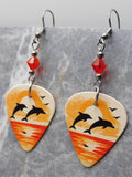Jumping Dolphins Guitar Pick Earrings with Orange Swarovski Crystals