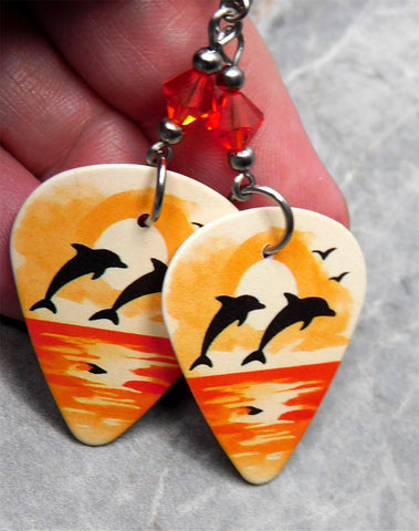 Jumping Dolphins Guitar Pick Earrings with Orange Swarovski Crystals