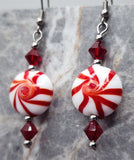Red and White Peppermint Candy Lentil Style Glass Bead Earrings with Red Swarovski Crystals
