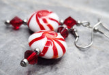 Red and White Peppermint Candy Lentil Style Glass Bead Earrings with Red Swarovski Crystals