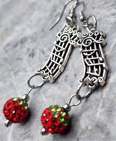 Christmas Carol Earrings with Red and Green Pave Bead Dangles