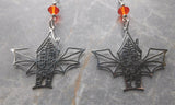 Bat Wing Haunted House Stainless Steel Earrings with Orange Swarovski Crystals