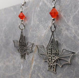 Bat Wing Haunted House Stainless Steel Earrings with Orange Swarovski Crystals