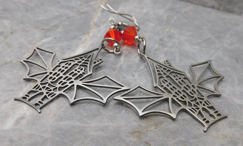 Bat Wing Haunted House Stainless Steel Earrings with Orange Swarovski Crystals