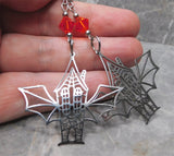 Bat Wing Haunted House Stainless Steel Earrings with Orange Swarovski Crystals