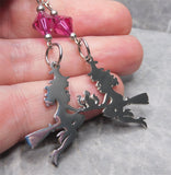 Witch On A Broomstick Stainless Steel Earrings with Fuchsia Swarovski Crystals