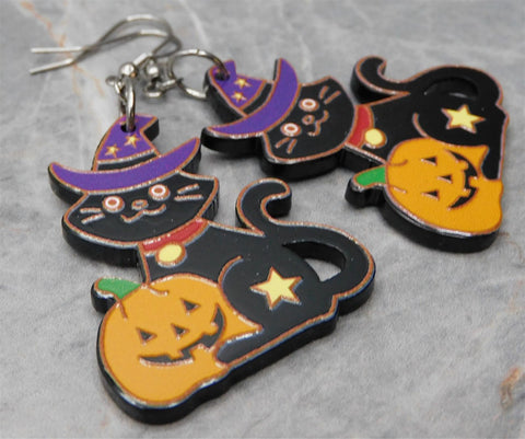 Adorable Witchy Cat with Jack o' Lantern Acrylic Earrings