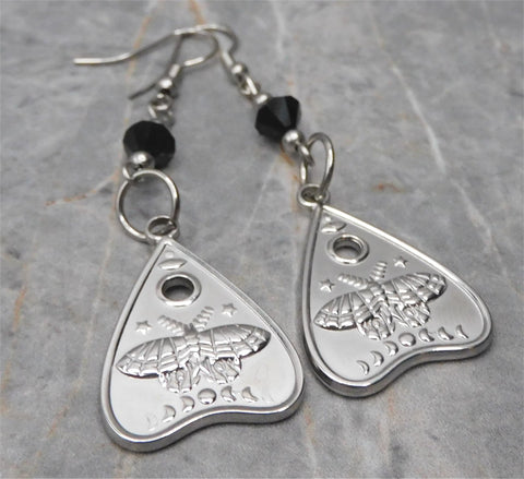 Lunar Month Planchette Stainless Steel Earrings with Black Swarovski Crystals