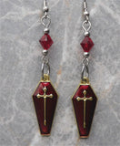 Gold with Red Enamel Coffin Earrings with Dark Red Swarovski Crystals