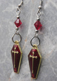 Gold with Red Enamel Coffin Earrings with Dark Red Swarovski Crystals