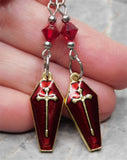 Gold with Red Enamel Coffin Earrings with Dark Red Swarovski Crystals