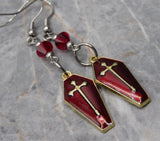 Gold with Red Enamel Coffin Earrings with Dark Red Swarovski Crystals