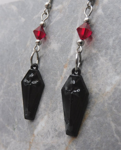 Black Enamel Coffin Earrings with Red Swarovski Crystals