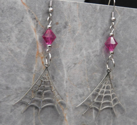 Stainless Steel Spiderweb Earrings with Fuchsia Swarovski Crystals