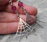 Stainless Steel Spiderweb Earrings with Fuchsia Swarovski Crystals