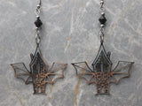 Bat Wing Haunted House Stainless Steel Earrings with Black Swarovski Crystals