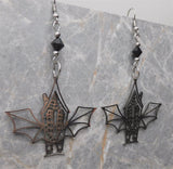 Bat Wing Haunted House Stainless Steel Earrings with Black Swarovski Crystals