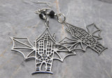 Bat Wing Haunted House Stainless Steel Earrings with Black Swarovski Crystals