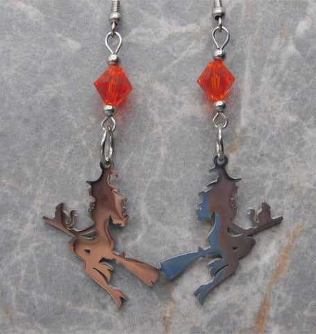 Witch On A Broomstick Stainless Steel Earrings with Dark Orange Swarovski Crystals