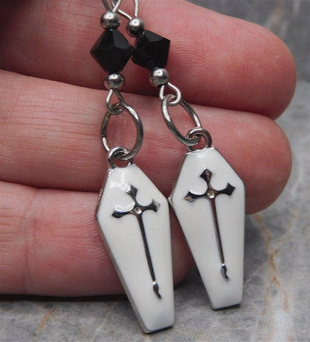 White Enamel Coffin Earrings with Black Swarovski Crystals