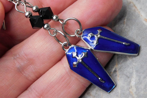 Dark Blue Enamel Coffin Earrings with Black Swarovski Crystals