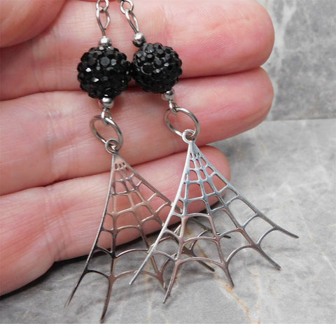 Stainless Steel Spiderweb Earrings with Black Pave Beads