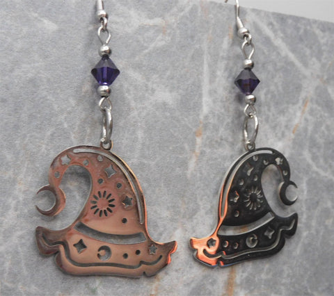 Witch or Warlock Hat Stainless Steel Earrings with Purple Swarovski Crystals