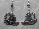 Witch or Warlock Hat Stainless Steel Earrings with Purple Swarovski Crystals