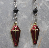 Gold with Red Enamel Coffin Earrings with Black Swarovski Crystals