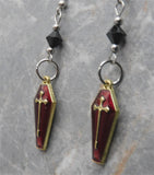 Gold with Red Enamel Coffin Earrings with Black Swarovski Crystals