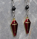 Gold with Red Enamel Coffin Earrings with Black Swarovski Crystals