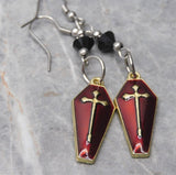 Gold with Red Enamel Coffin Earrings with Black Swarovski Crystals