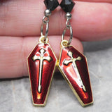 Gold with Red Enamel Coffin Earrings with Black Swarovski Crystals