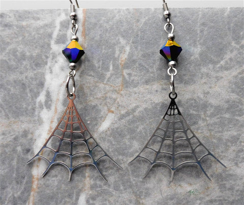 Stainless Steel Spiderweb Earrings with Black AB Swarovski Crystals