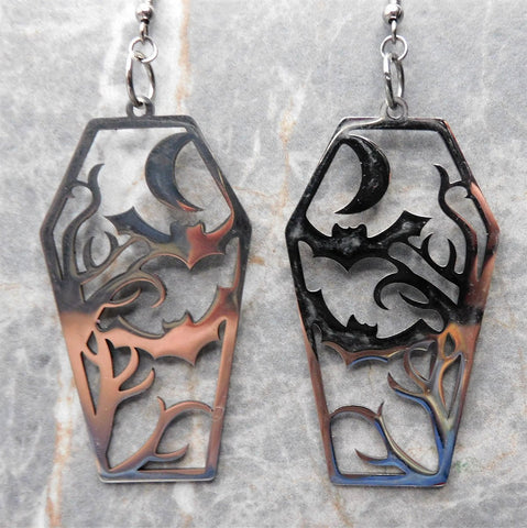 Stainless Steel Coffin with a Spooky Scene Earrings