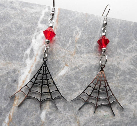 Stainless Steel Spiderweb Earrings with Red Swarovski Crystals