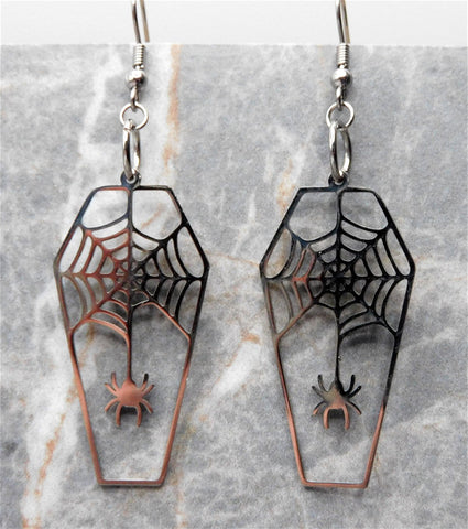 Stainless Steel Coffin with a Spider and Spiderweb Earrings