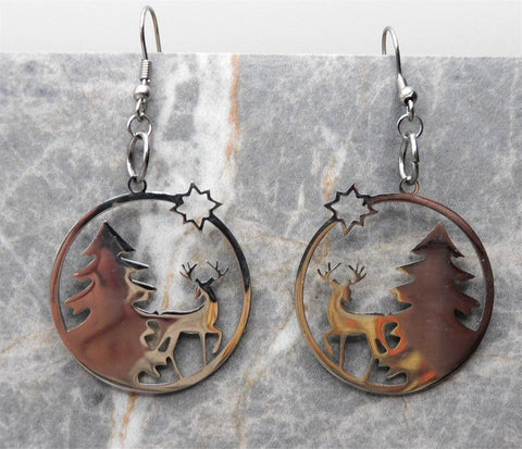 Deer, Tree, and Star Winter Scene Stainless Steel Earrings