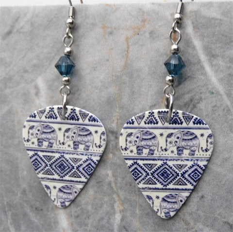 Blue Bohemian Style Elephant Guitar Pick Earrings with Blue Swarovski Crystals