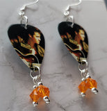 Elvis Guitar Pick Earrings with Orange Swarovski Crystal Dangles