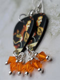 Elvis Guitar Pick Earrings with Orange Swarovski Crystal Dangles