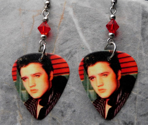 Elvis Guitar Pick Earrings with Red Swarovski Crystals