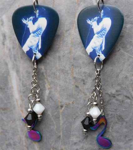 Singing Elvis Guitar Pick Earrings with Stainless Steel Ion Plated Music Note Charms and Swarovski Crystal Dangles